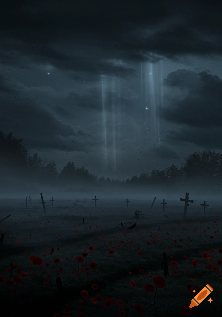 Dark, misty graveyard with crosses and red poppies under a stormy sky with light beams, evoking a somber, eerie atmosphere.