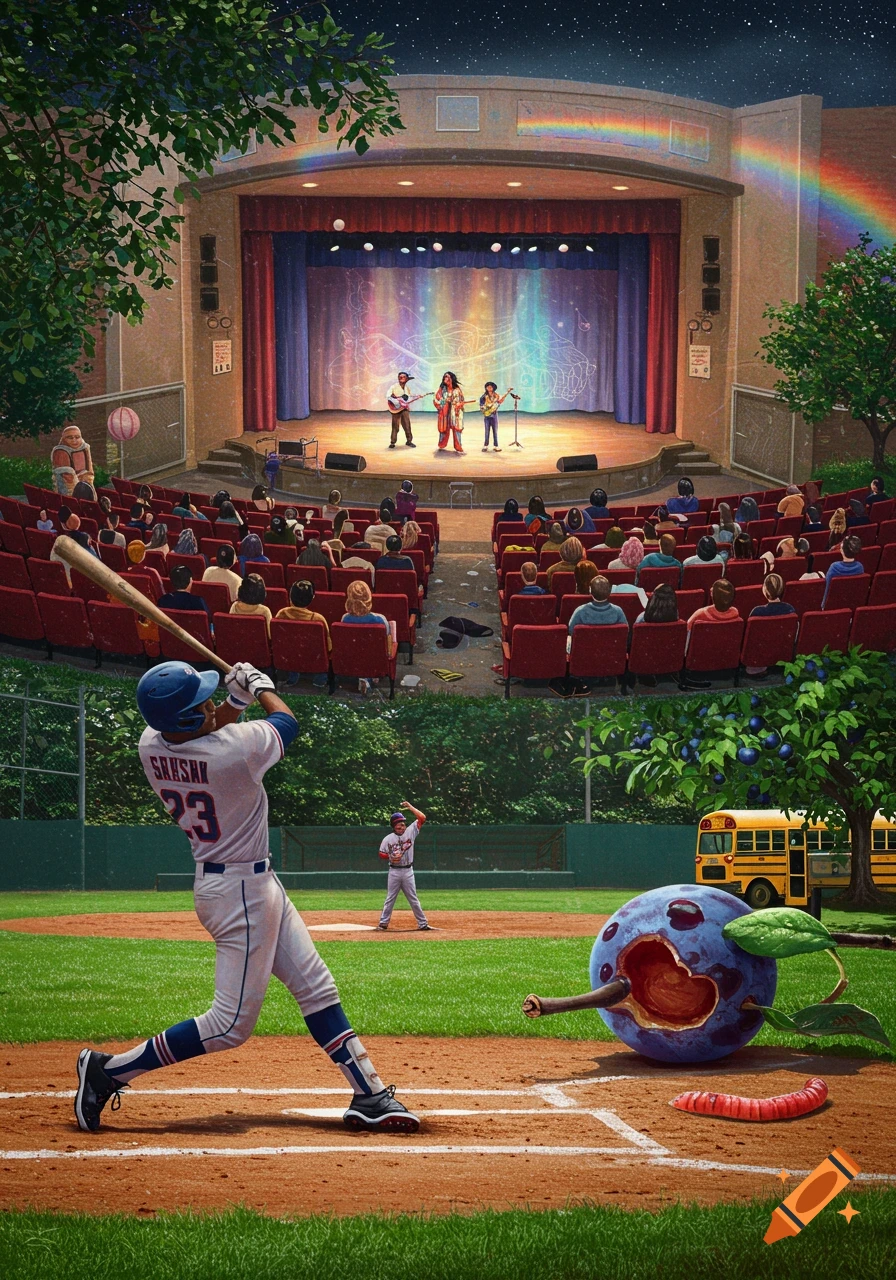 A surreal scene split into two: a baseball player hitting a ball on a field and an outdoor auditorium with a band performing for an audience, a school bus under a plum tree with a worm-eaten fruit.
