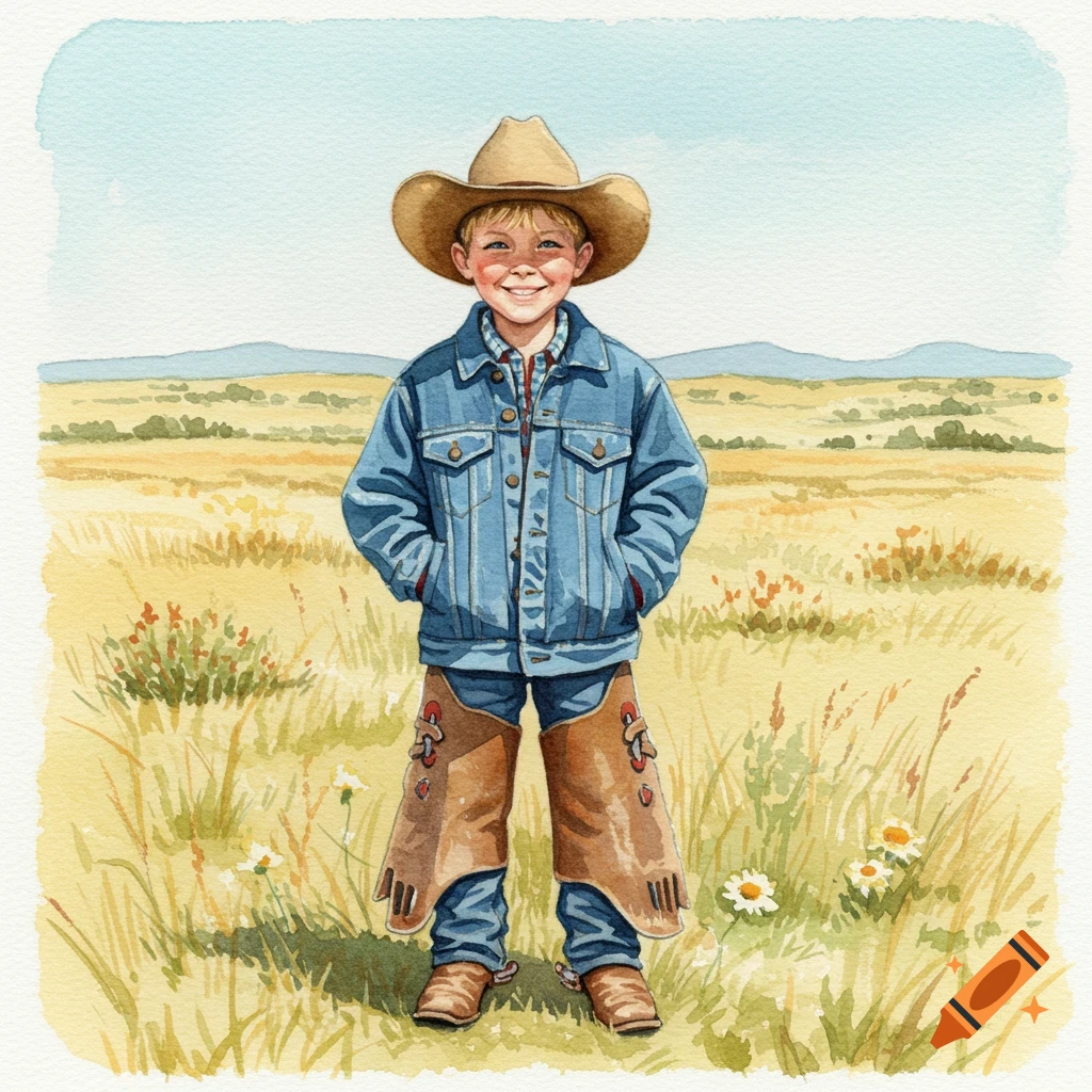 A smiling young boy dressed as a cowboy in a denim jacket and chaps stands in a grassy field under a pale blue sky, painted in watercolor.