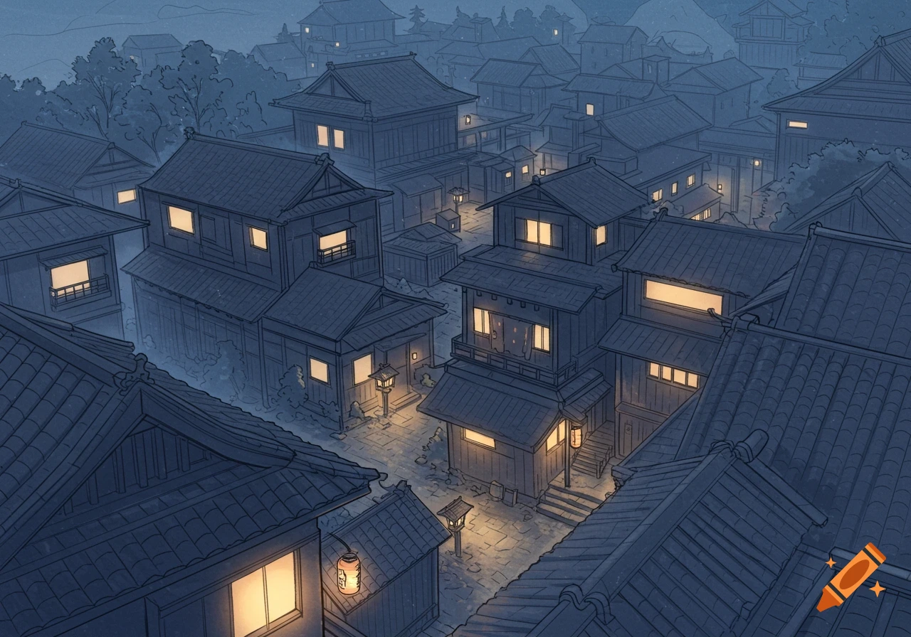 Bird's-eye view of a hand-drawn Japanese village at night with glowing windows and lanterns.