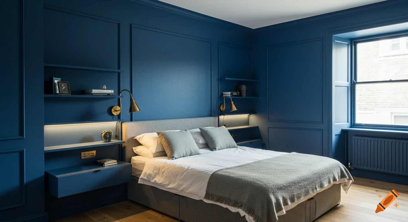 A modern bedroom with deep blue walls, built-in shelves with warm LED lighting, a bed with grey and white bedding, brass lamps, and light wood flooring.