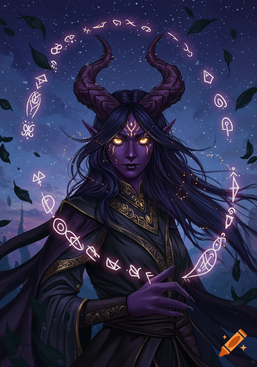 A dark-skinned demoness with glowing yellow eyes, long dark hair, and purple horns, casting glowing mystical runes against a starry night sky.