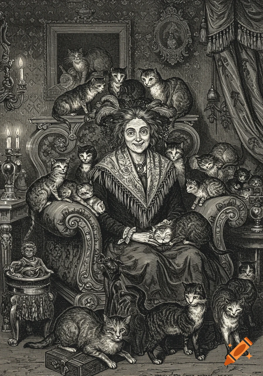 A detailed black-and-white engraving depicts an old lady with wild hair, smiling, surrounded by numerous cats in an opulent, dark room.