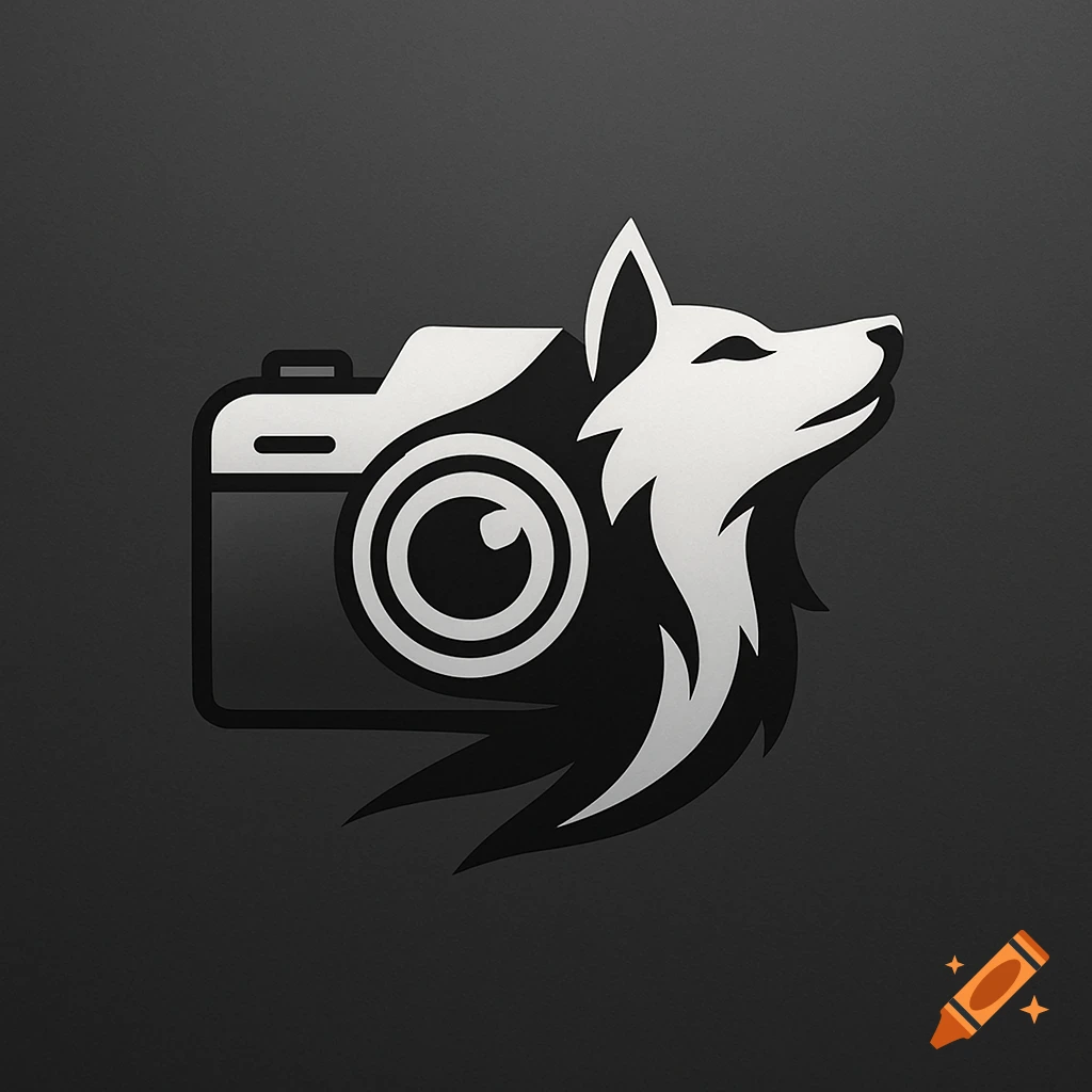 Stylized logo featuring a white wolf head profile and a camera on a dark gray background.