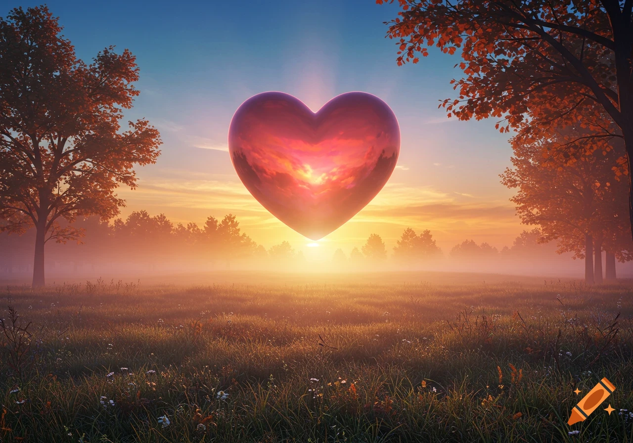 A glowing, ethereal pink heart floats above a misty autumn meadow at sunrise, with trees on the horizon.