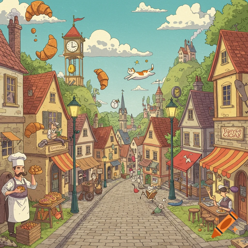 A whimsical illustration of a bustling village street with a baker, flying croissants, cats, and a clock tower.