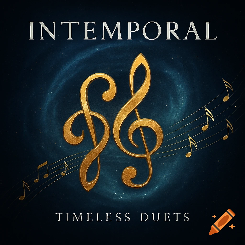 Two intertwined golden musical clefs with notes on a starry blue background, text reads INTEMPORAL and TIMELESS DUETS.