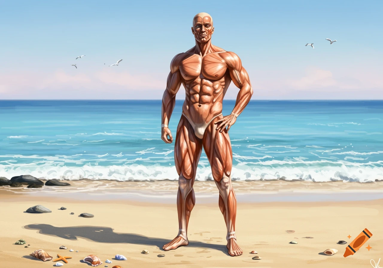Detailed anatomical muscular figure standing on a sunny beach with ocean background.