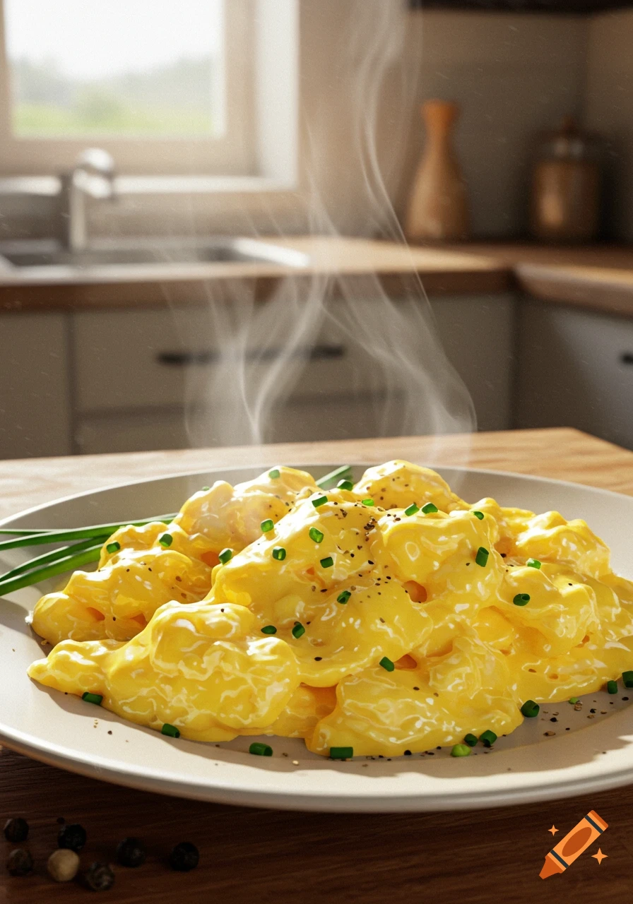 A close-up shot of fluffy, steaming scrambled eggs topped with chives and black pepper on a white plate in a sunlit kitchen.