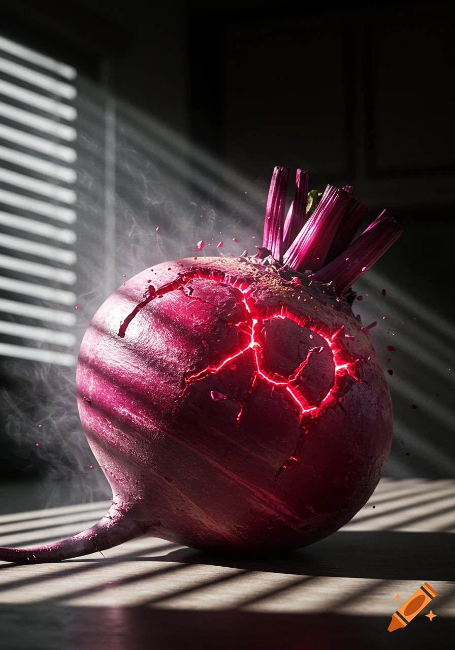 A dramatic, photorealistic image of a beetroot cracking open with an intense red glow and wisps of smoke, sitting on a wooden surface.