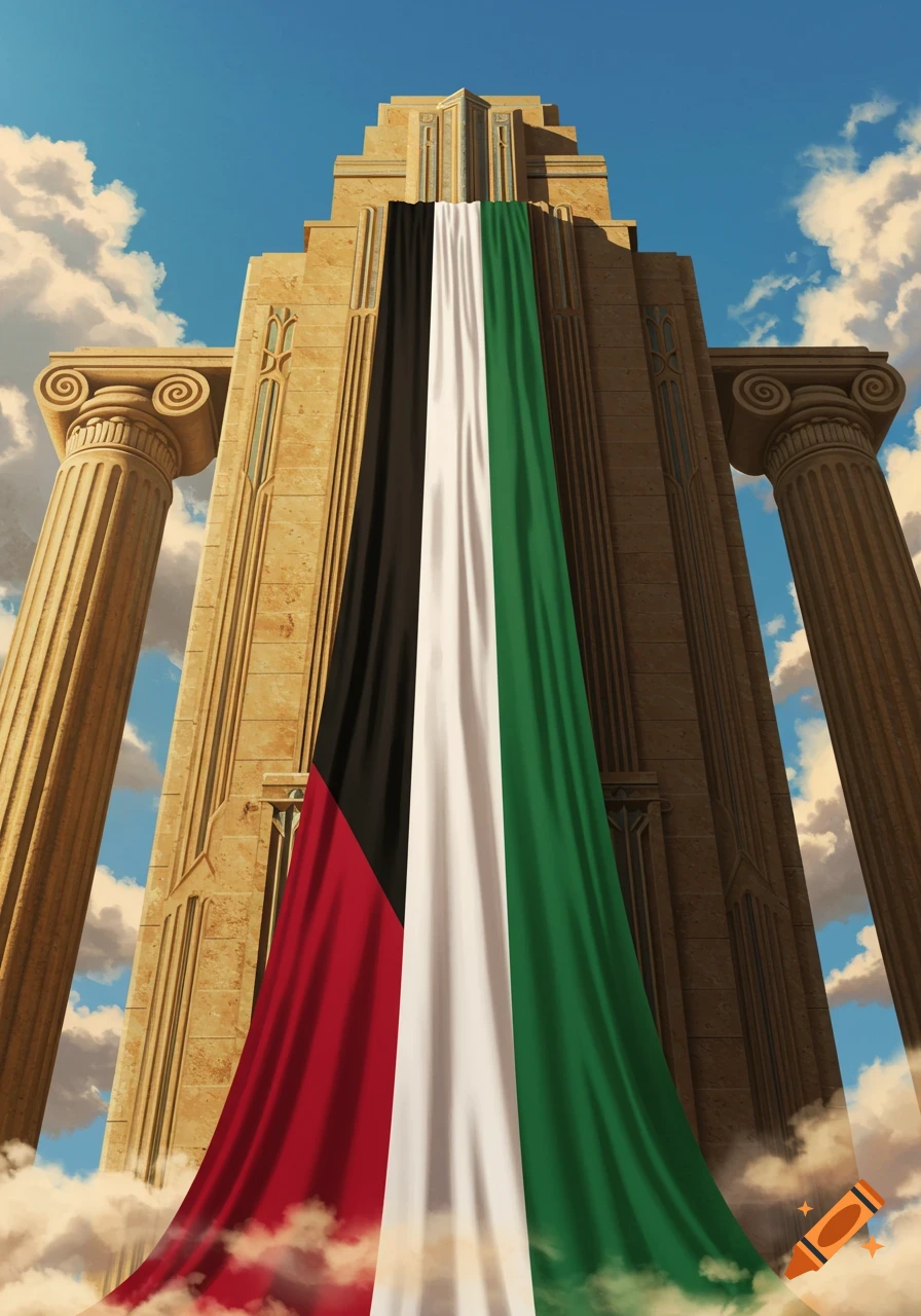 Palestinian flag draped down a tall Art Deco building with classical pillars, set against a cloudy sky.