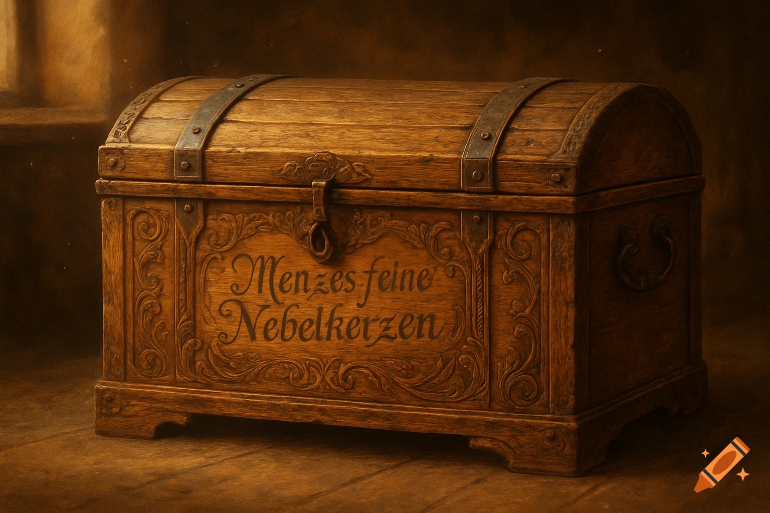 A richly detailed, old wooden chest with metal straps and carved text "Menzes feine Nebelkerzen" on the front, in a dimly lit, rustic setting.