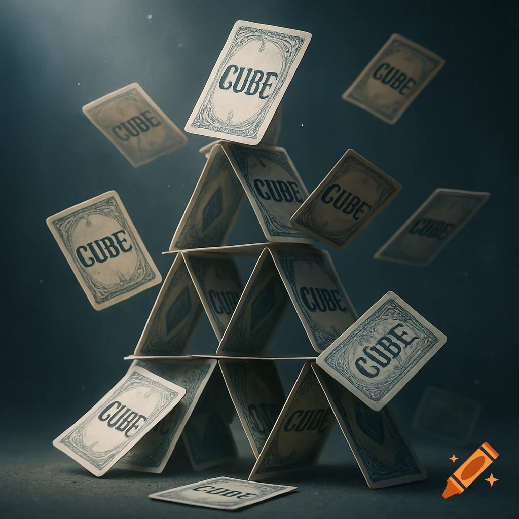 A collapsing house of cards, with each card displaying the word 'CUBE', illuminated by dramatic light.