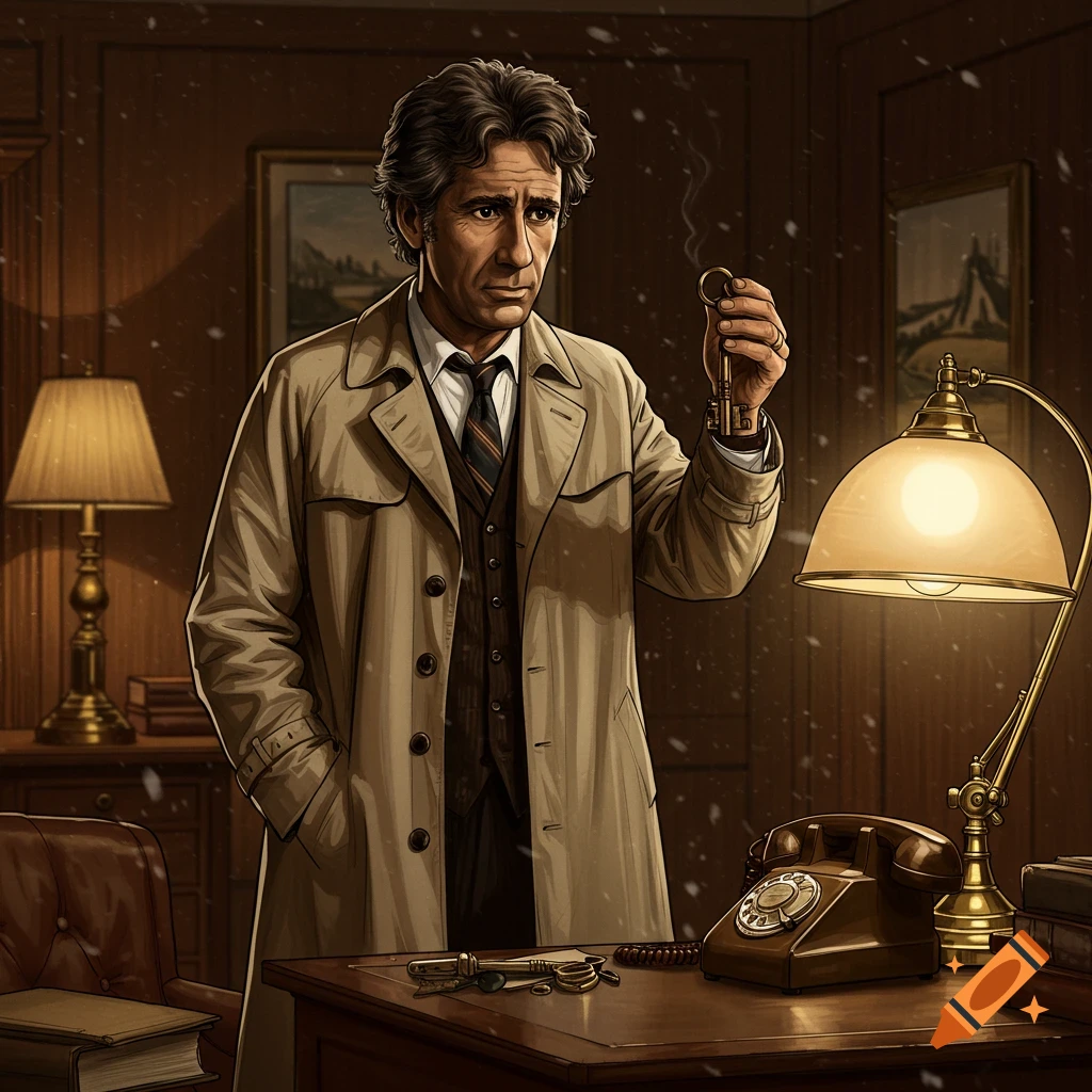 An illustration of a detective in a trench coat holding a key, standing at a desk with an old telephone and lamp.