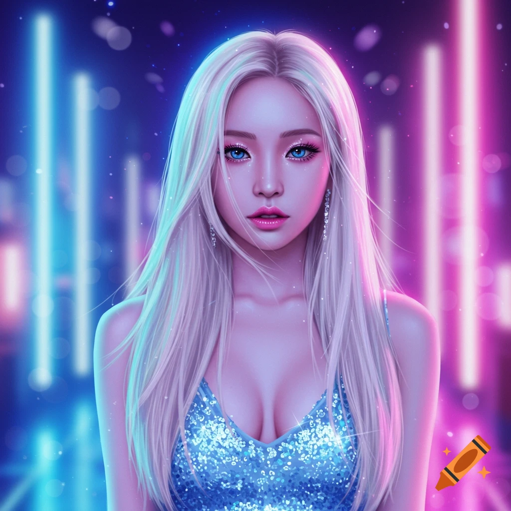 A stylized portrait of a young woman with long platinum blonde hair, striking blue eyes, and a light blue sparkling dress against a vibrant neon background.