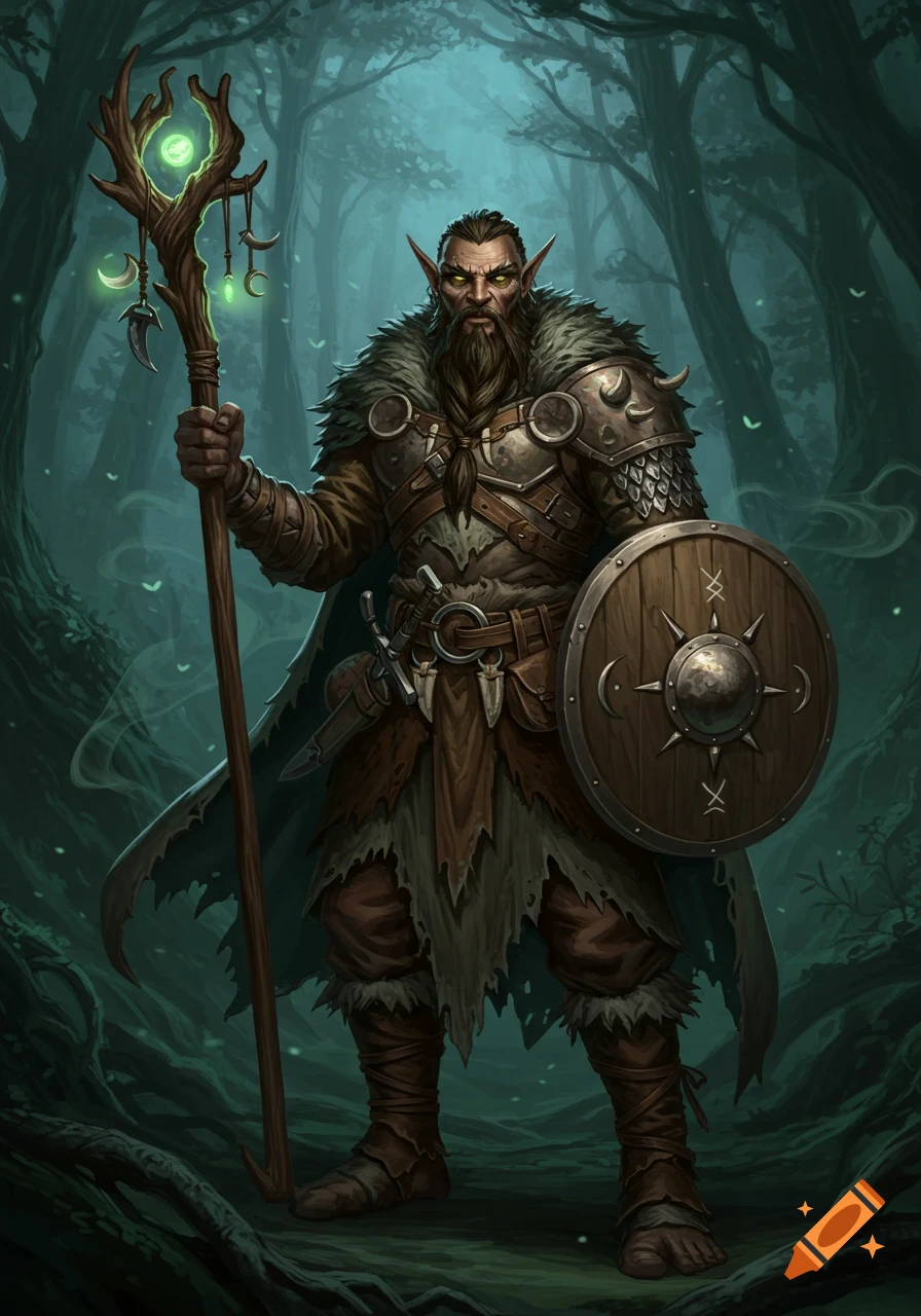 Bearded Firbolg druid in fur and leather armor, holding a glowing staff and a wooden shield, standing in a dark forest.