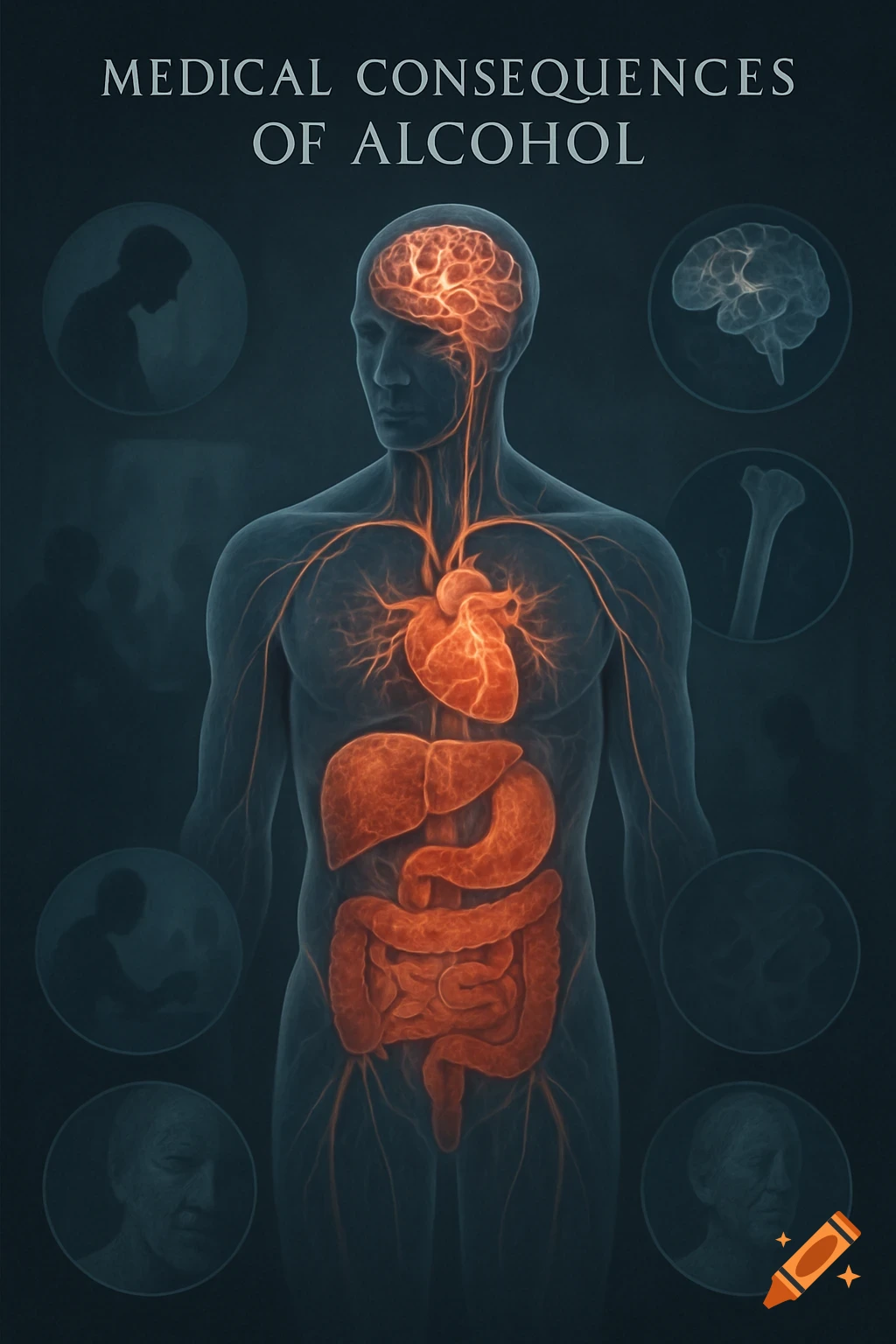 A medical illustration of a human body, highlighting internal organs in red, with text 'MEDICAL CONSEQUENCES OF ALCOHOL' and various side effect visuals.