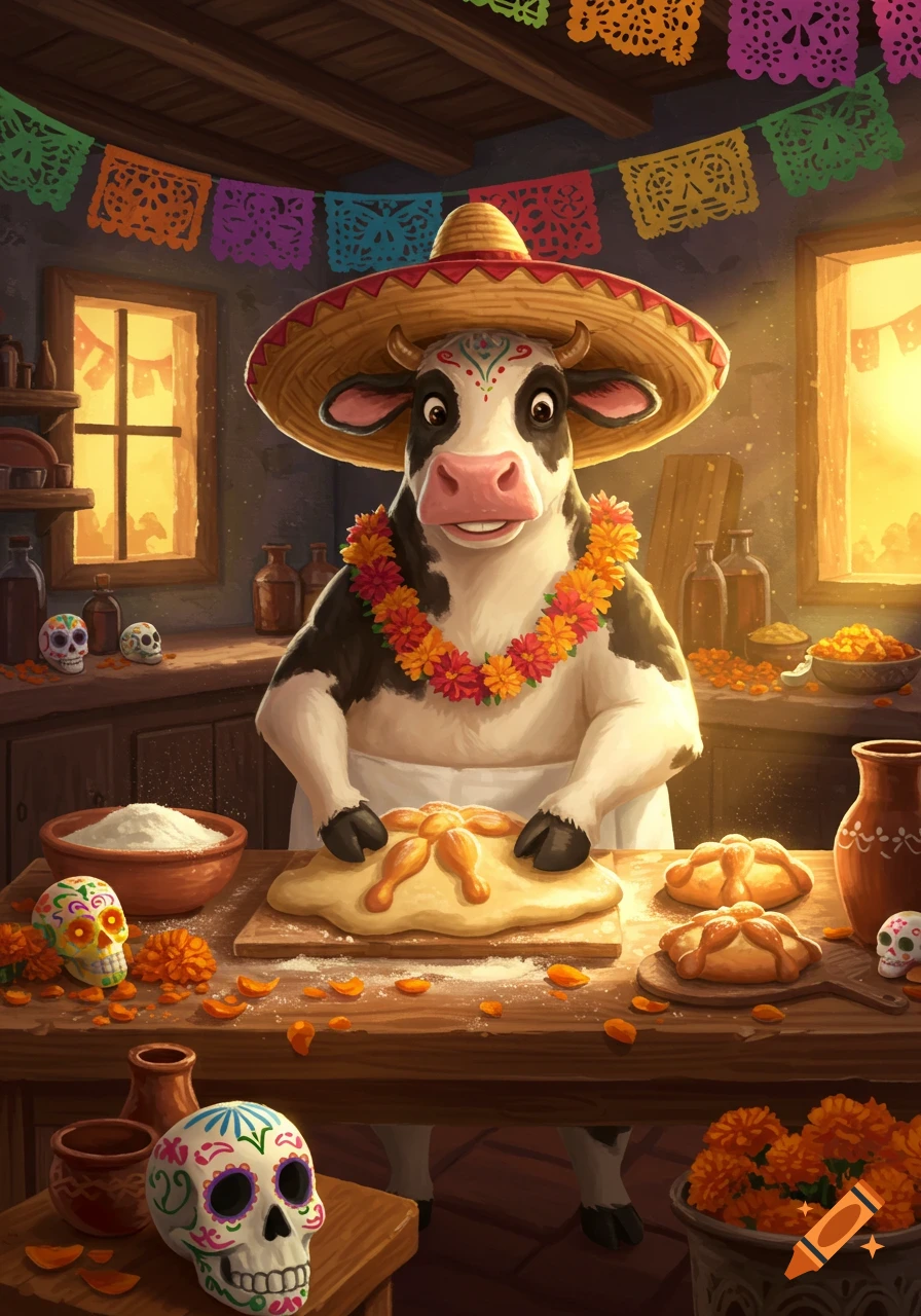 A cartoon cow in a sombrero and marigold lei bakes Day of the Dead bread amidst sugar skulls and papel picado in a festive kitchen.