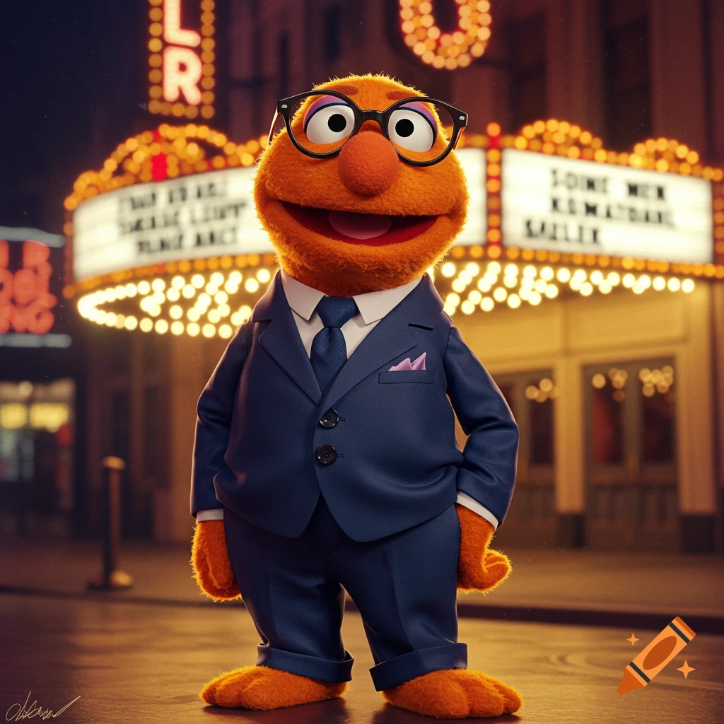 An orange Muppet-like character in a blue suit and glasses stands in front of a brightly lit theater marquee at night.
