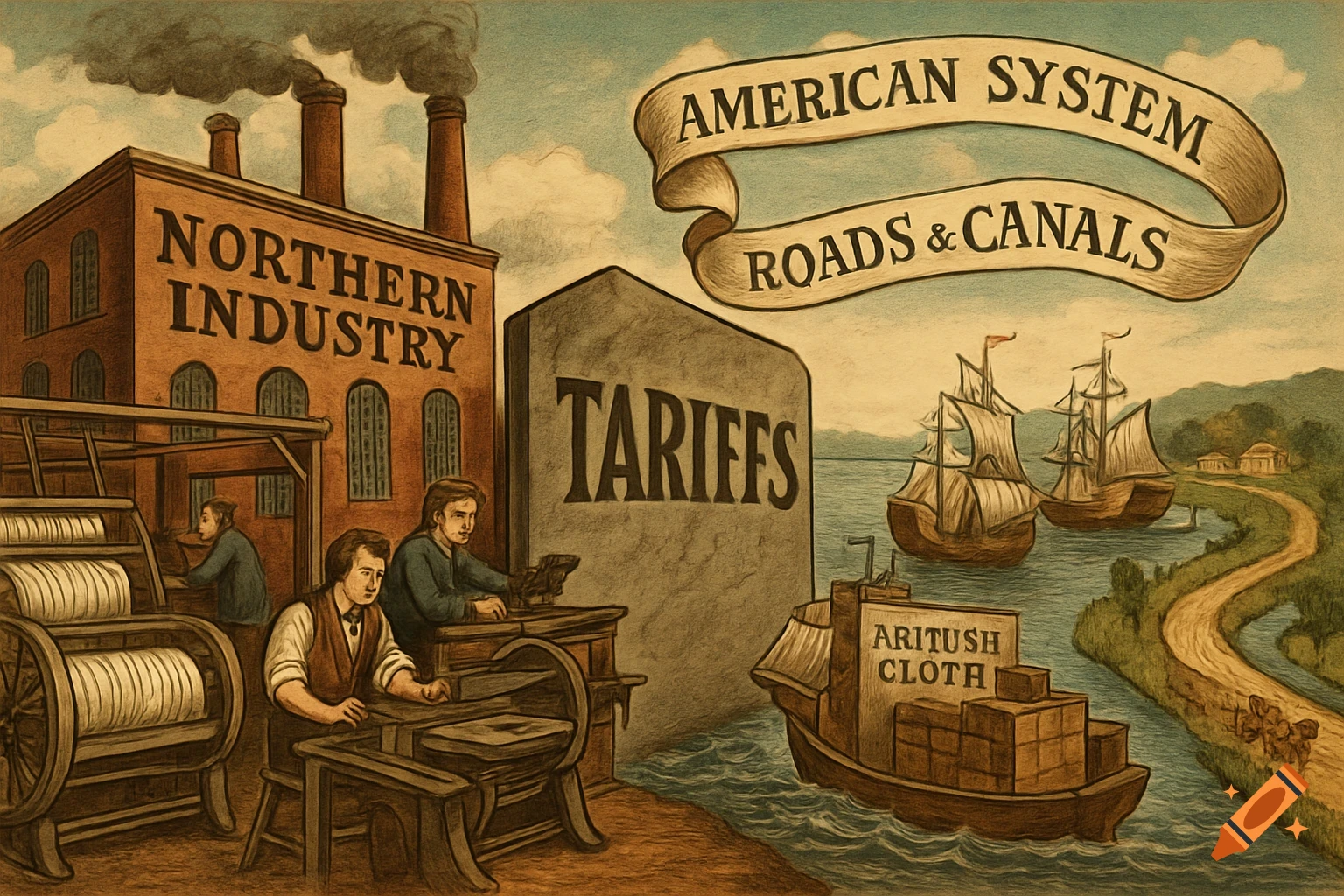 An old-fashioned illustration of Northern Industry with a factory, workers, and ships labeled 'Tariffs' and 'Aritush Cloth' on a river with a banner reading 'American System Roads & Canals'.