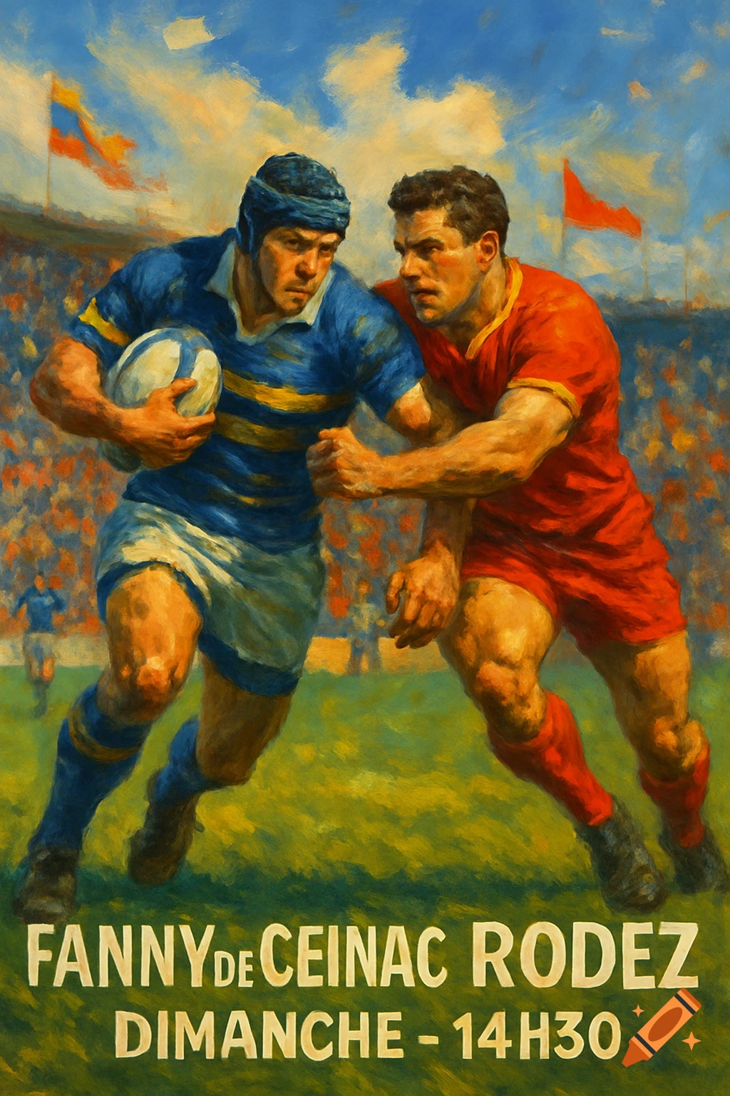 Vintage painting of two muscular rugby players, one in blue, one in red, on a field with spectators. Text reads 'Fanny de Ceinac Rodez Dimanche - 14H30'.