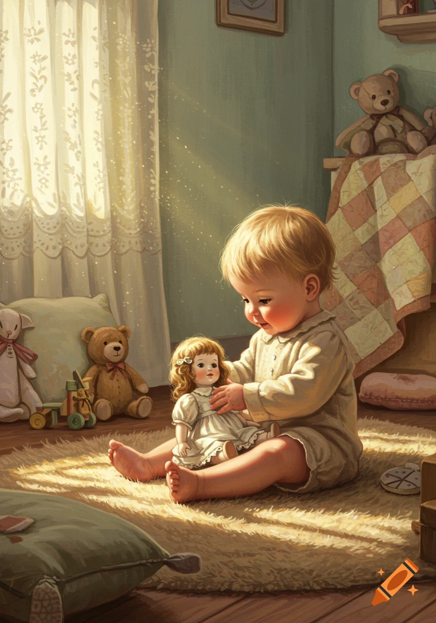 A cherubic baby with blonde hair sits on a rug, gently holding a doll in a sunlit nursery filled with toys, in an illustration style.