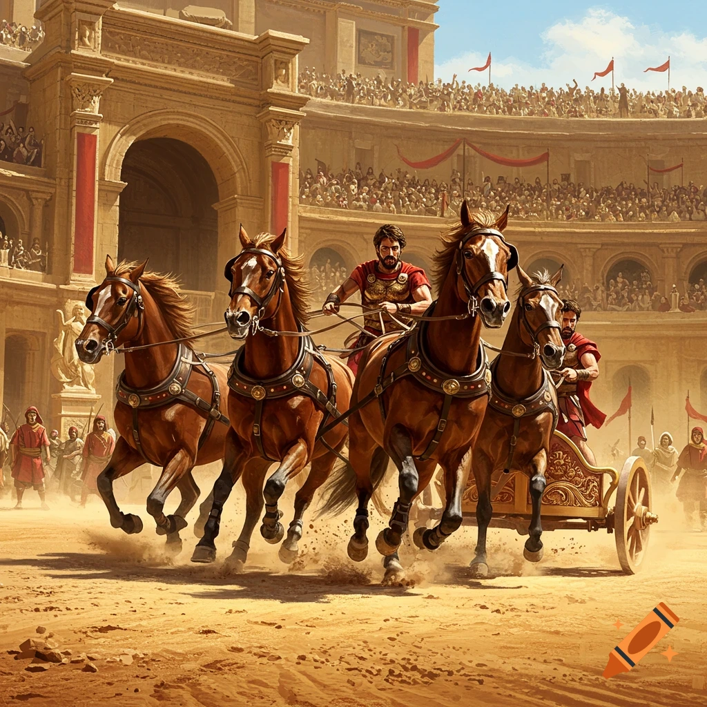Charioteers race four horses through a dusty arena packed with spectators in an ancient Roman setting.