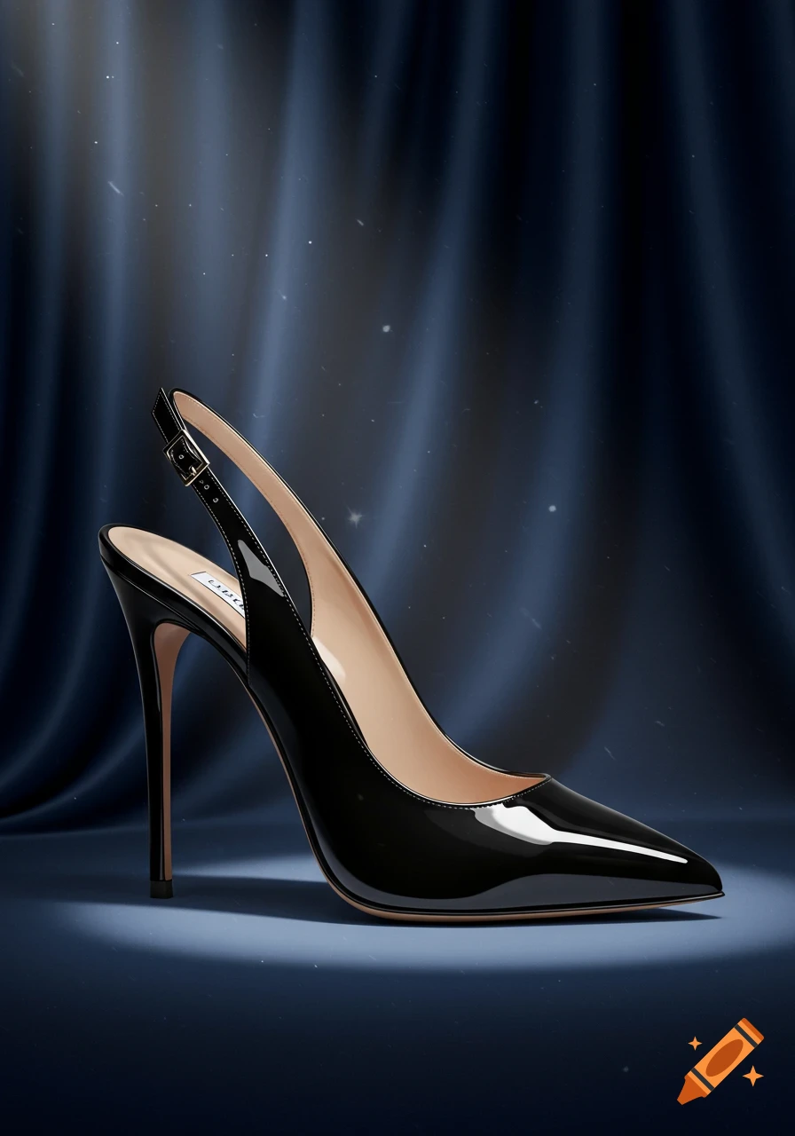 A sleek black patent leather slingback high heel stands against a dark blue draped fabric background.
