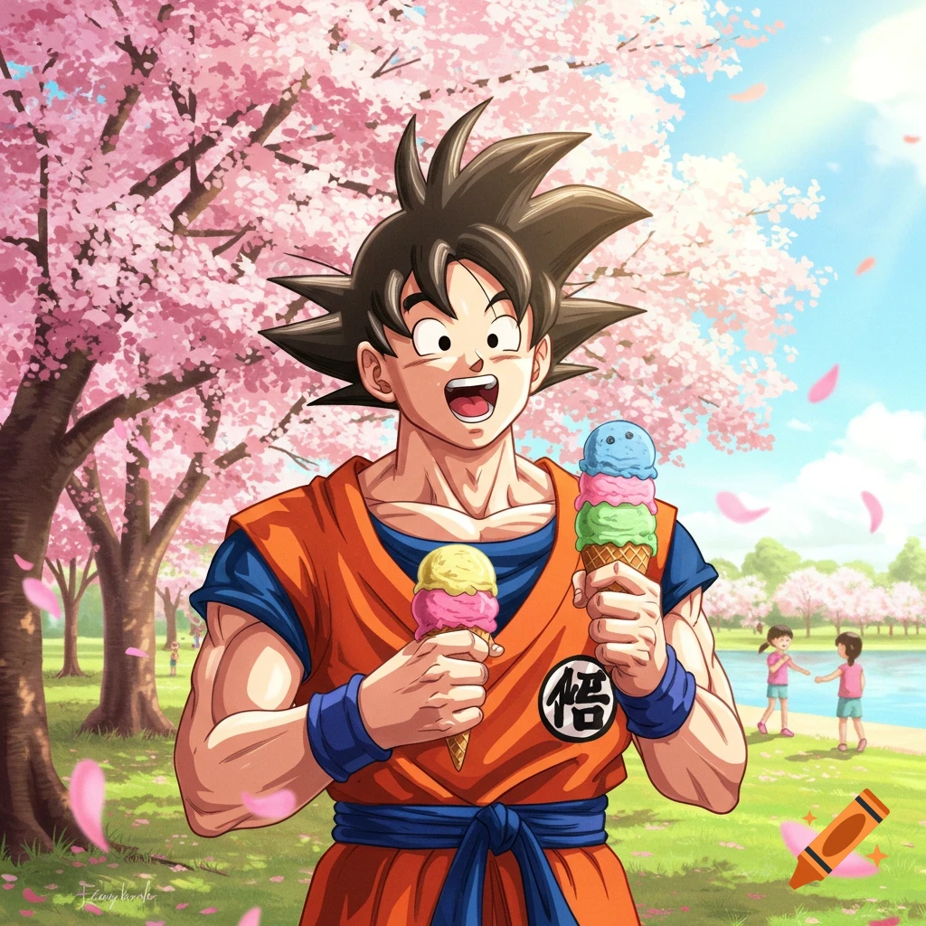 Anime style Goku smiling and holding two ice cream cones under pink cherry blossom trees in a park.