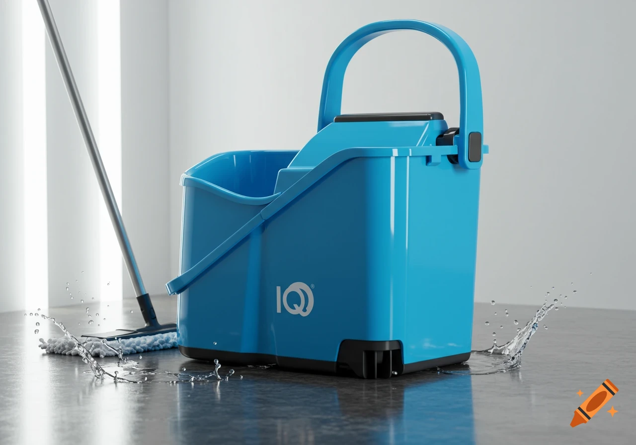 A blue mop bucket with an 'IQ' logo and a mop on a wet, dark floor with splashing water, against a light wall.