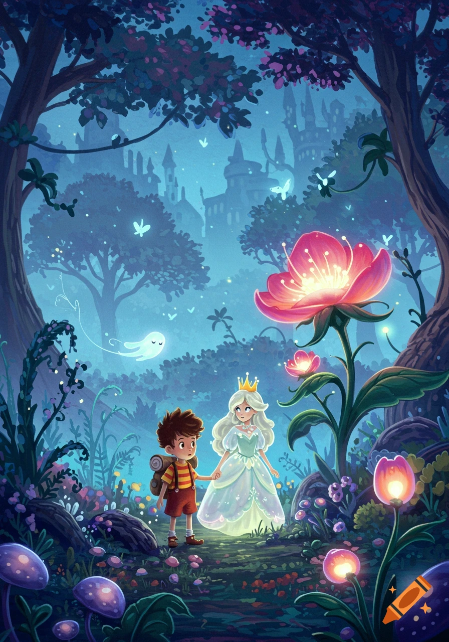 A cartoon boy and a princess hold hands, walking through an enchanted forest with glowing pink flowers, purple mushrooms, and a distant castle.
