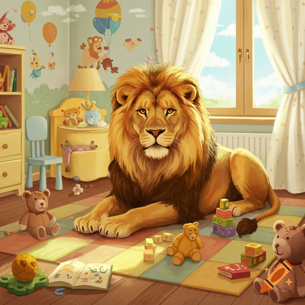A majestic lion lies peacefully on a colorful rug in a bright, toy-filled children's bedroom, bathed in sunlight.