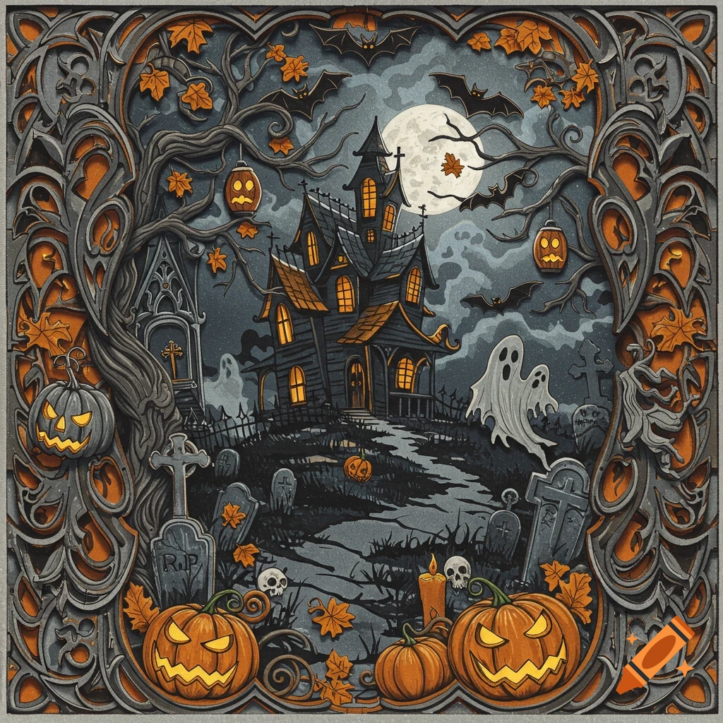A stylized Halloween illustration featuring a haunted house, ghosts, jack-o'-lanterns, and gravestones under a full moon.