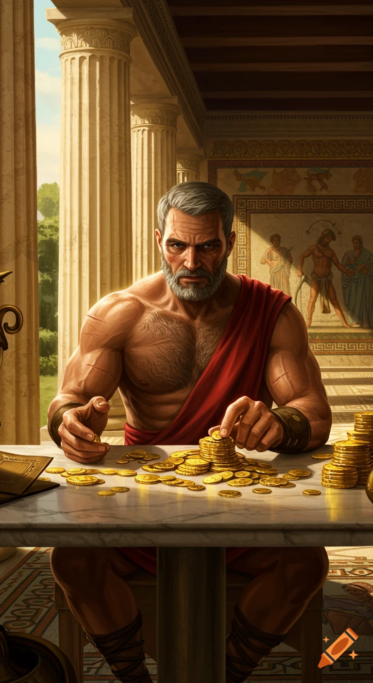 A muscular, scarred, gray-bearded man in a Roman villa counts gold coins on a marble table, surrounded by columns and mosaic art.