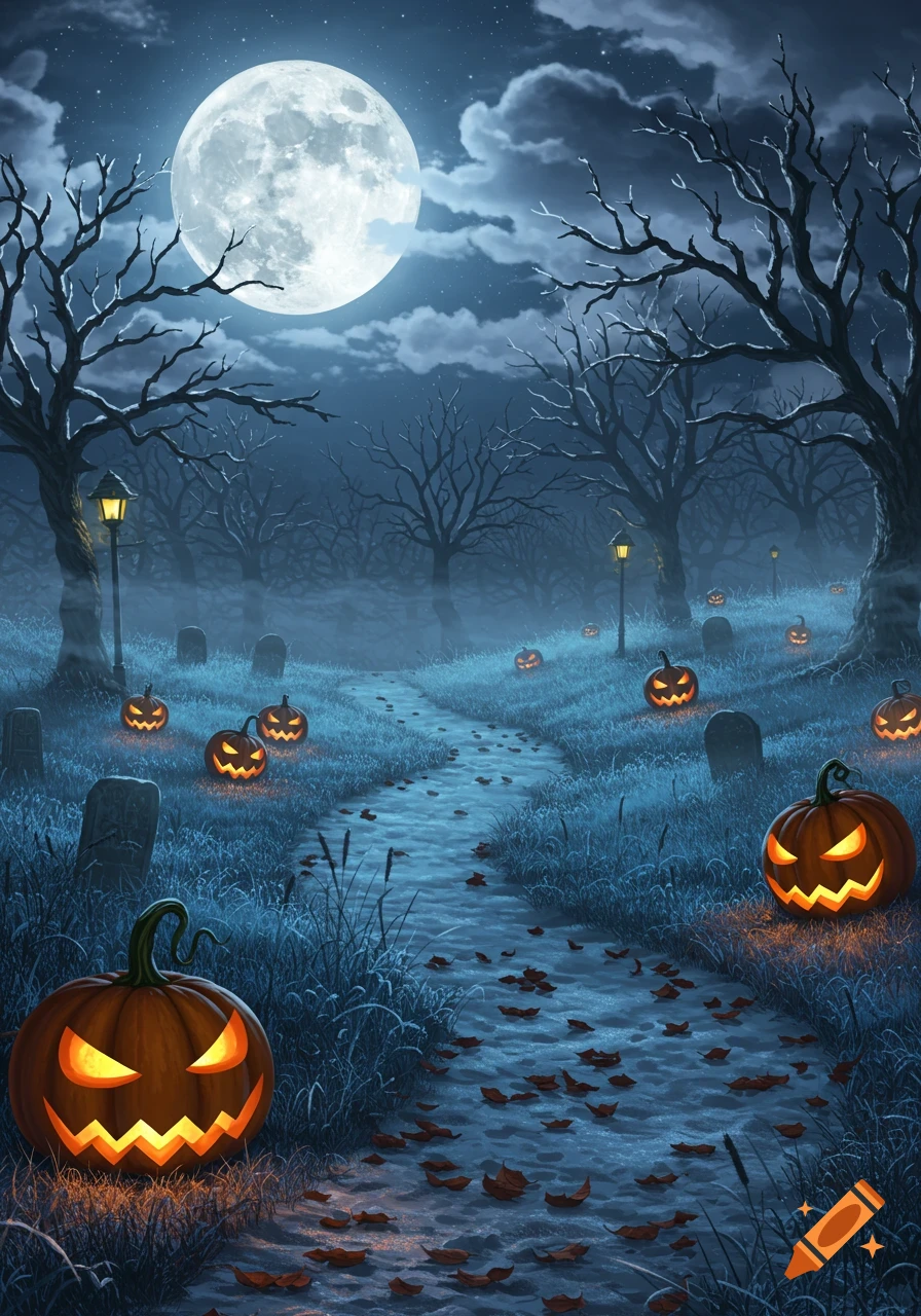 A full moon illuminates a spooky Halloween night scene with a winding path through a graveyard, glowing jack-o'-lanterns, and bare trees.