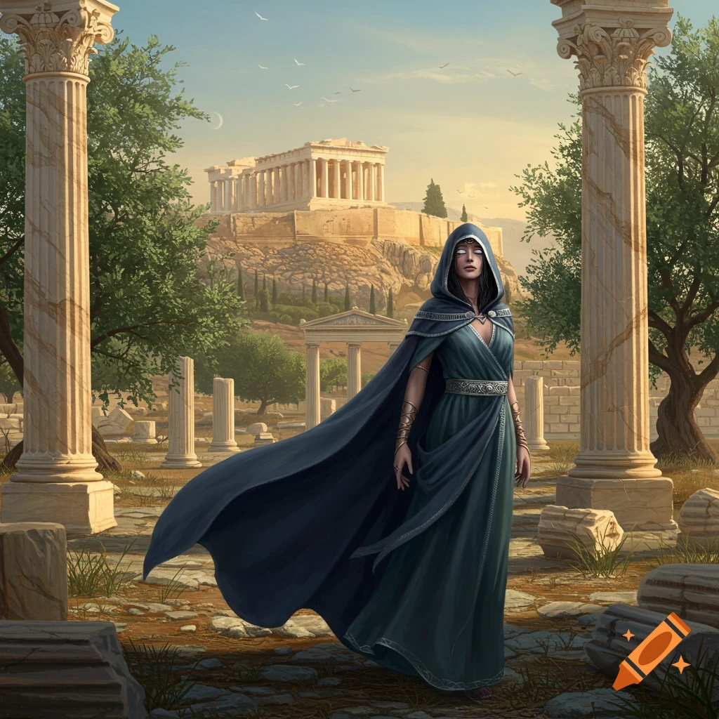 A woman in a dark hooded cloak with white blind eyes stands in ancient Greek ruins with the Parthenon in the background.