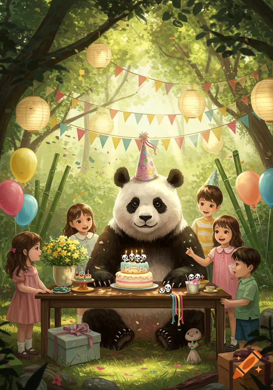 A whimsical illustration of a giant panda wearing a party hat, celebrating a birthday with four children at a table in a sunlit forest.