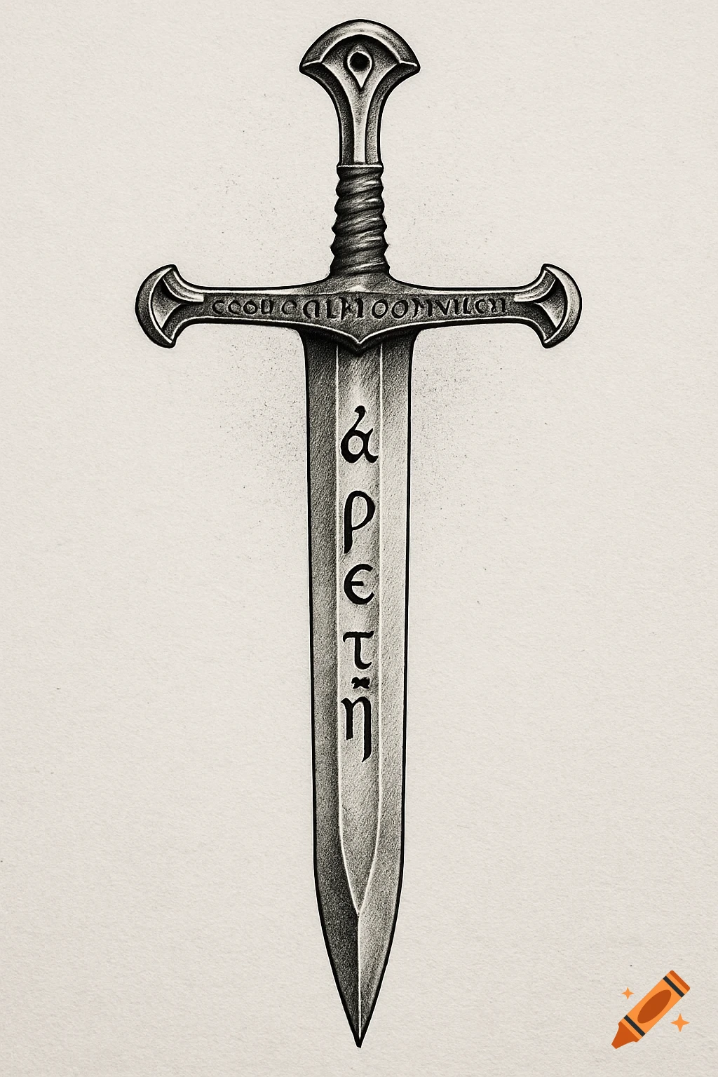 Detailed sketch of a fantasy sword with Greek text "arete" down the blade and garbled text on the crossguard.