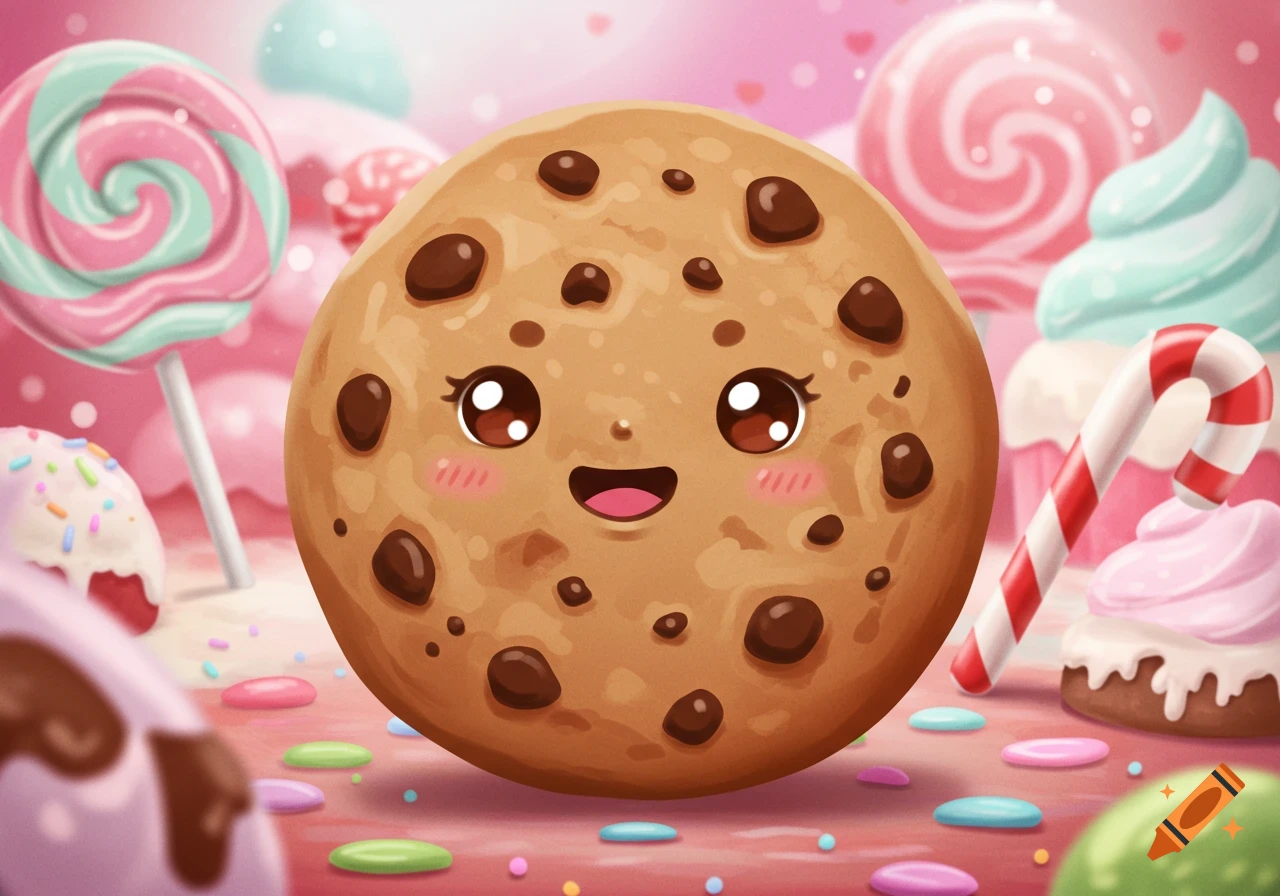 A cute cartoon chocolate chip cookie with a happy face in a vibrant pink candy land with lollipops and cupcakes.