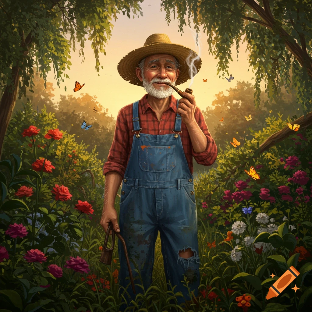 An old gardener in a straw hat and overalls smokes a pipe in a vibrant flower garden with butterflies during sunset.