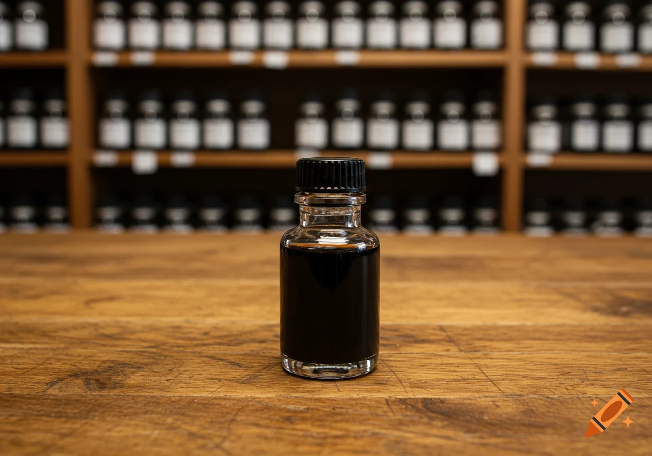 A clear glass bottle filled with dark liquid, likely ink, sits on a wooden table. Blurred shelves of similar bottles are in the background.