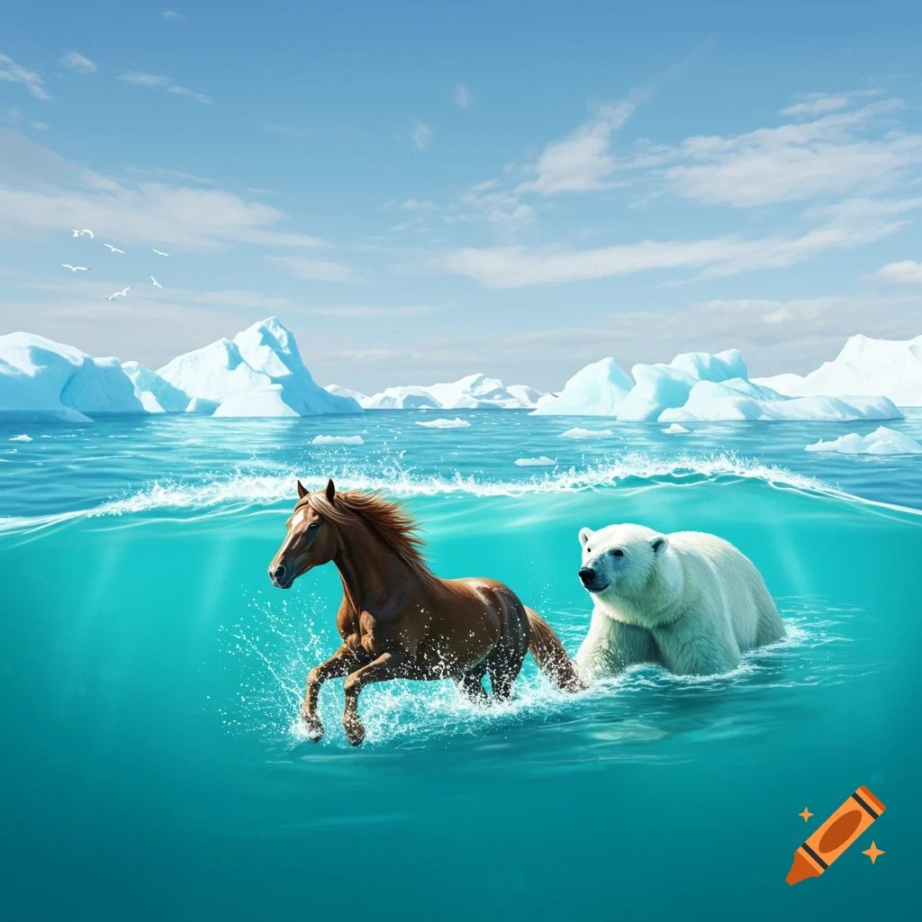 A brown horse and a white polar bear swim in clear blue arctic waters, with icebergs in the background under a sunny sky and seagulls.