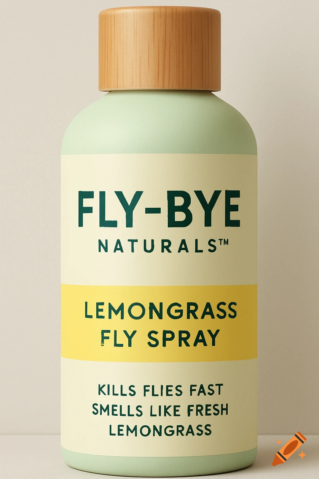 A light green and cream bottle with a wooden cap, labeled 'Fly-Bye Naturals Lemongrass Fly Spray'.