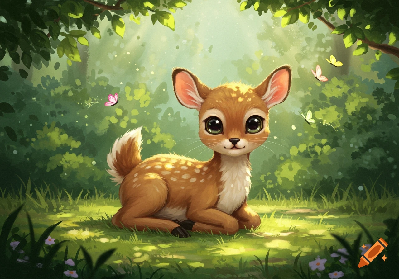A cute, stylized fawn with big eyes lies in a sunny, magical forest with butterflies.