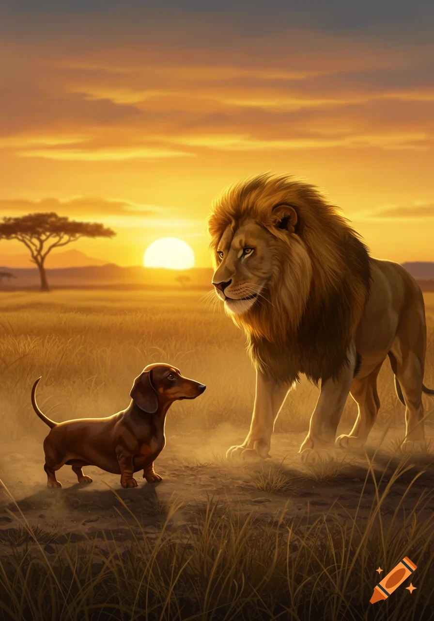 A small dachshund stands facing a large lion in a golden savanna landscape at sunset, with a solitary acacia tree in the distance.
