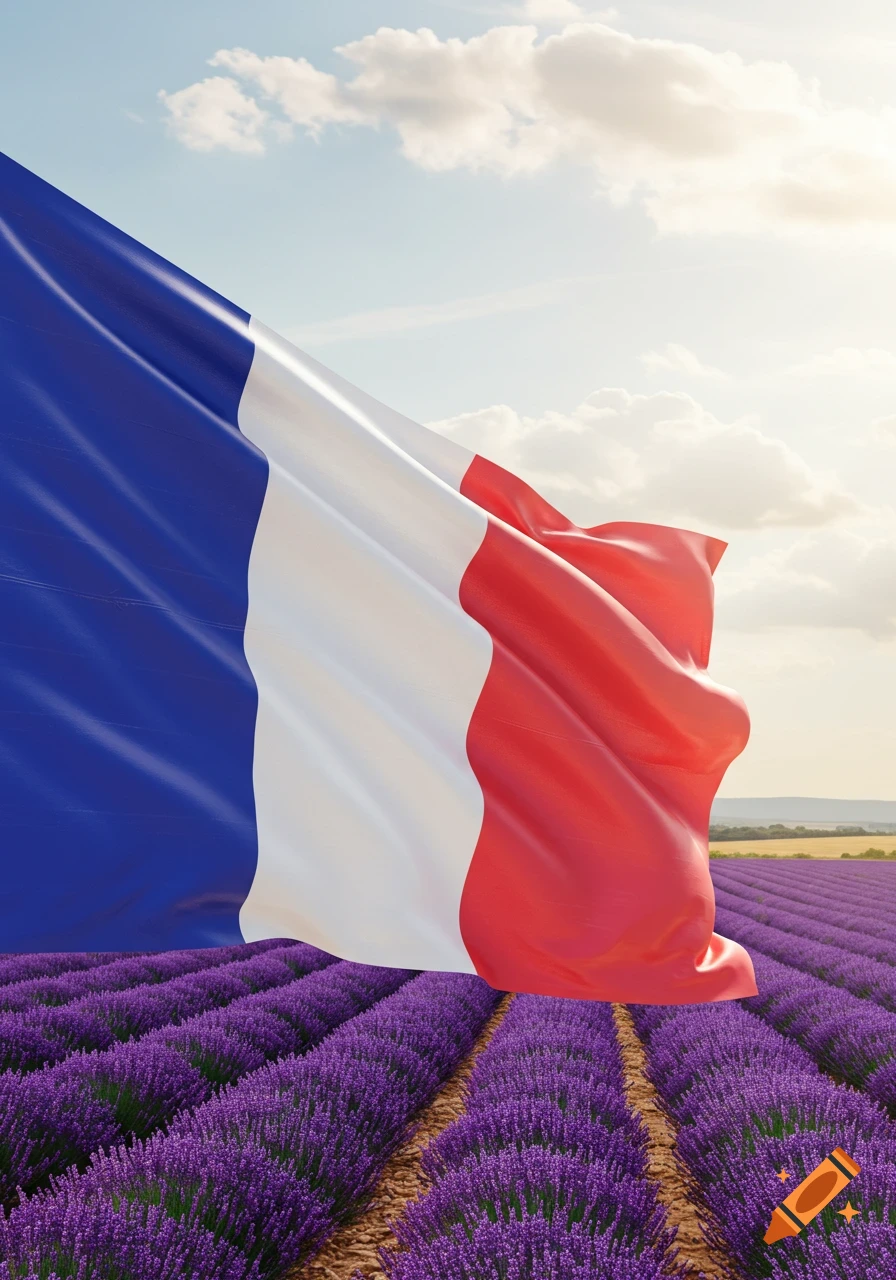 A large French flag waves over a sprawling purple lavender field under a bright, cloudy sky.