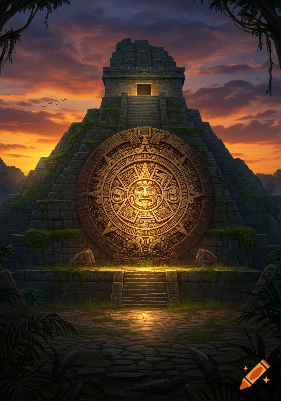 A large ancient stone pyramid with a glowing Mayan calendar disk at its center, set against a vibrant sunset sky, surrounded by jungle foliage.