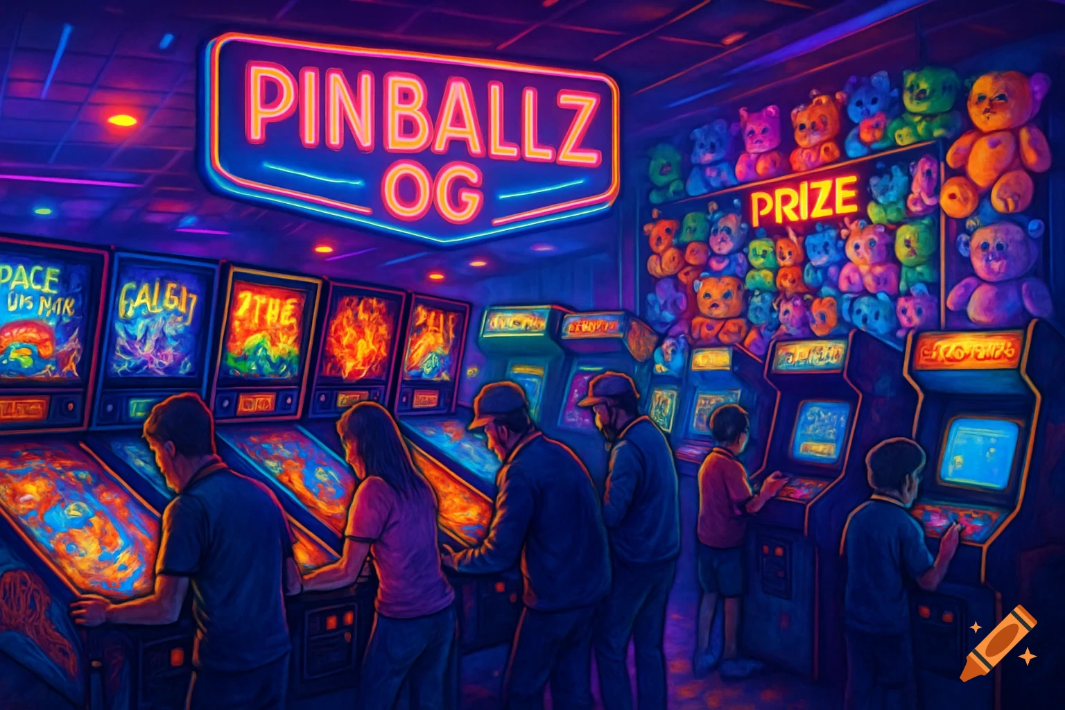 A vibrant, neon-lit arcade scene with people playing pinball and video games, featuring a prize wall with colorful stuffed animals and a 'PINBALLZ OG' sign.