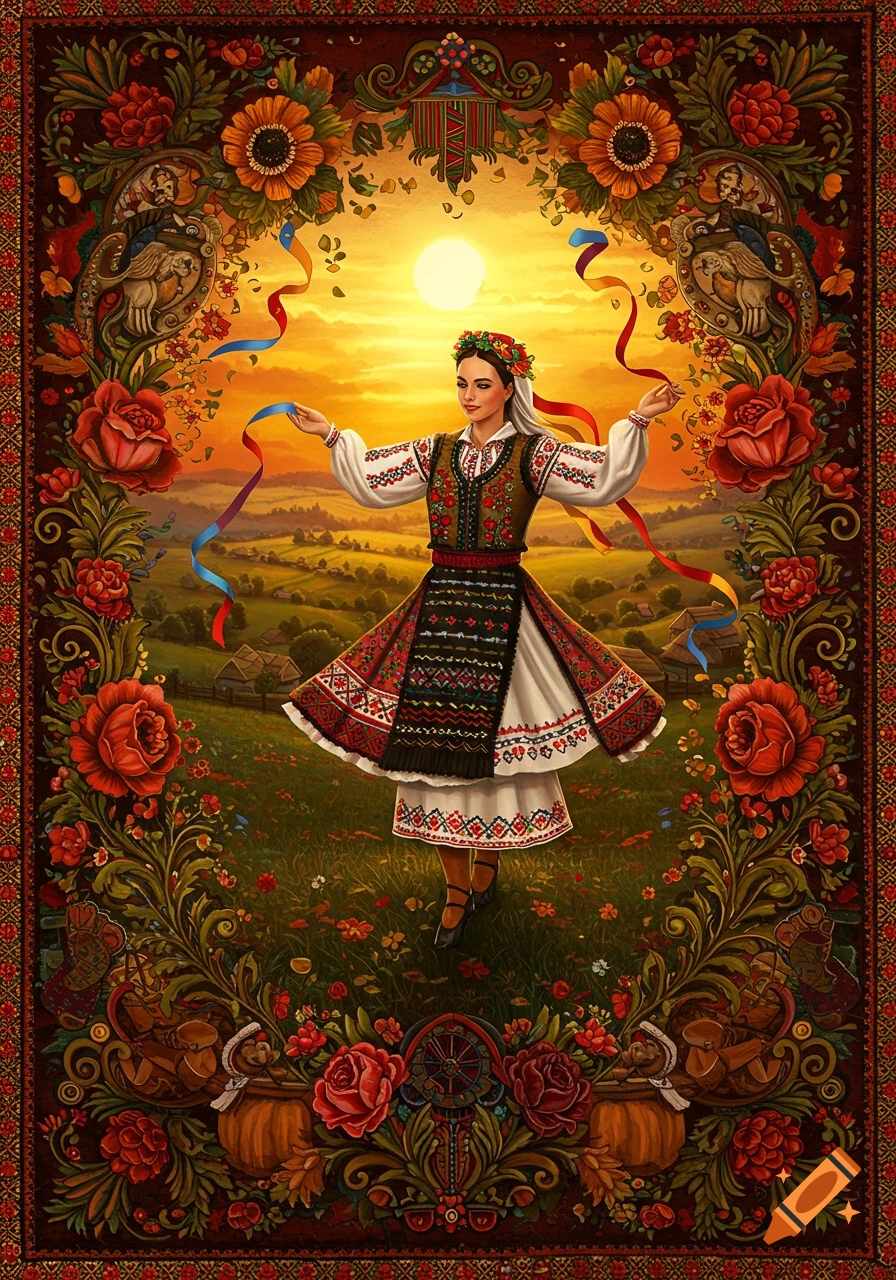 A woman in a traditional Romanian dress dances in a vibrant floral frame against a sunset landscape, in a folk art style.