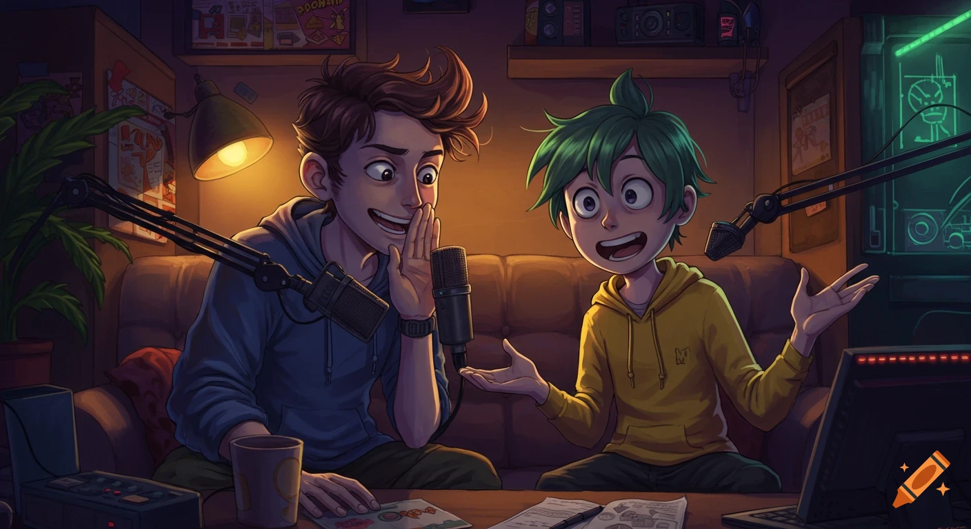 Two animated men, one with brown hair and one with green hair, sitting on a couch behind microphones, recording a podcast or ASMR in a dimly lit room.